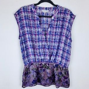 CAbi Purple/ Floral Multi Short Sleeve Blouse
